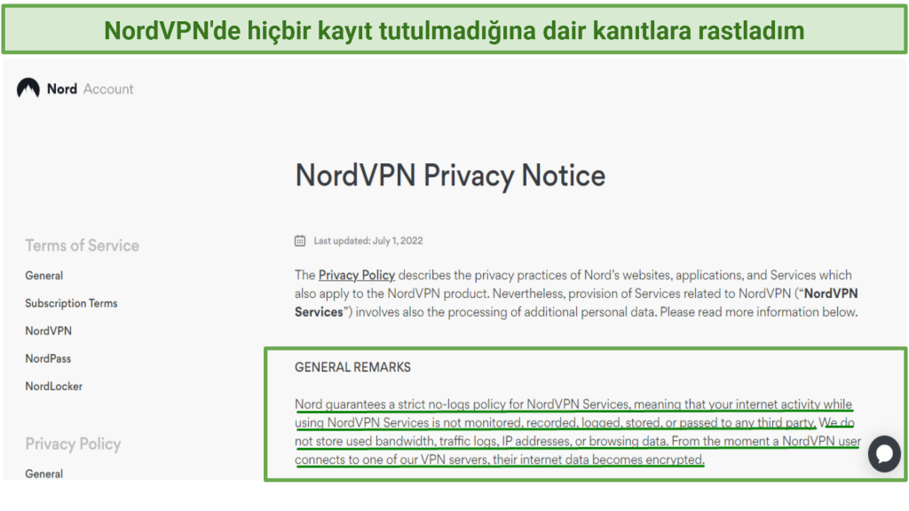 Screenshot showing NordVPN's privacy policy stating it doesn't log users data.