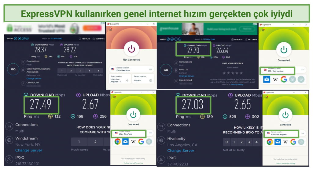 Screenshots of speed tests while connected to some of ExpressVPN's servers
