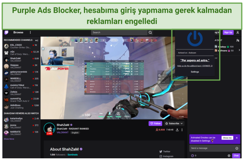 Screenshot of Purple Ads Blocker blocking ads on Twitch