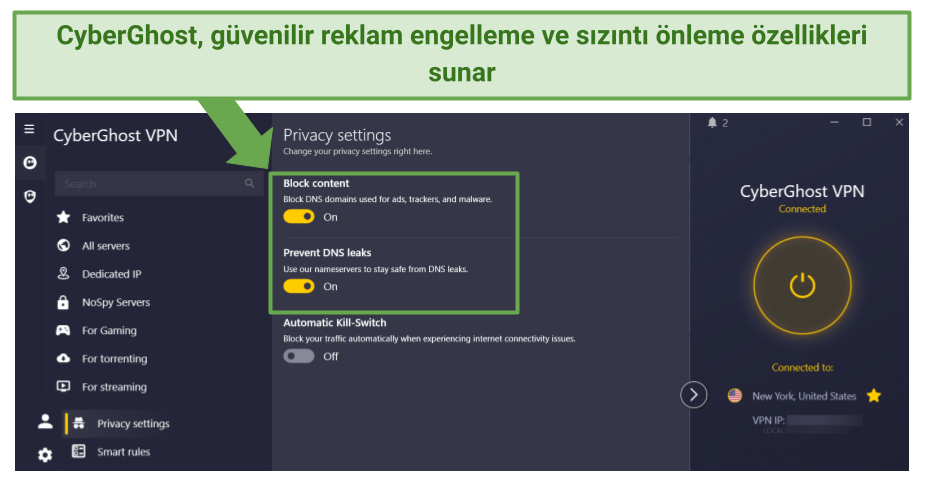 Screenshot of CyberGhost ad blocker feature in settings