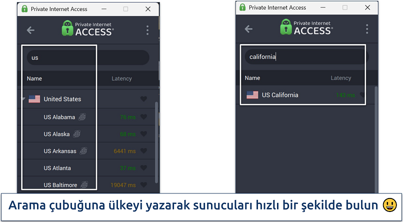 Screenshot of Private Internet Access' Windows app highlighting how to use the server search bar
