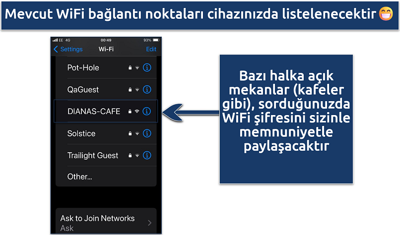 Screenshot showing the available WiFi hotspots on an iPhone